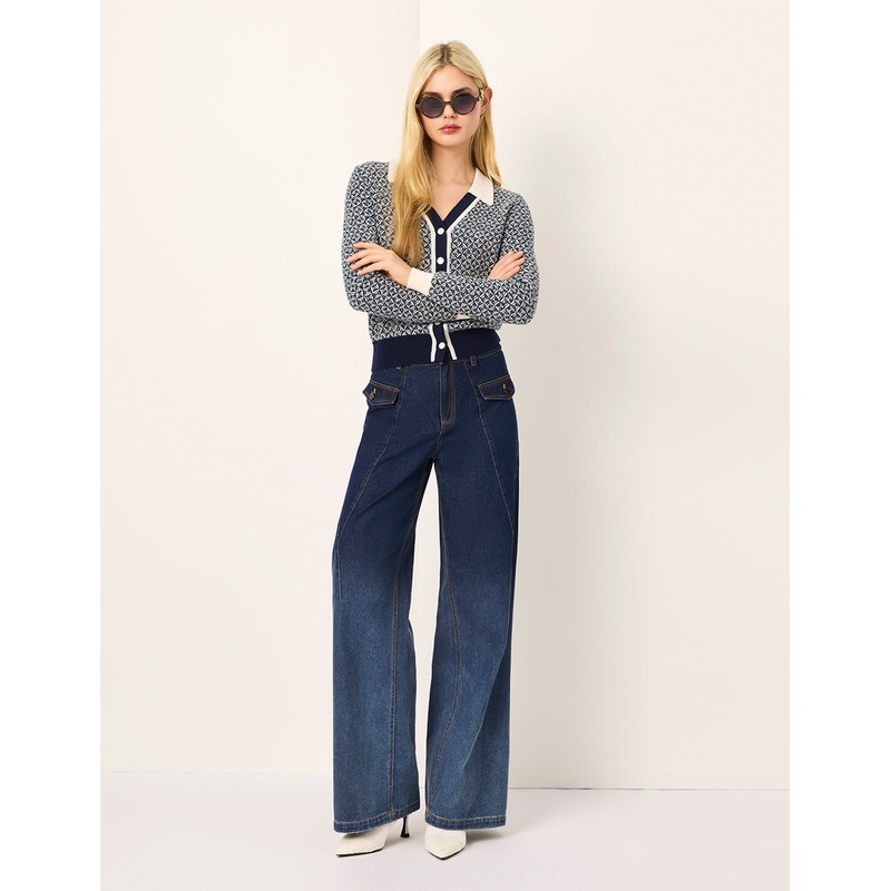 Blue & White Trimmed Wool Knit Cardigan