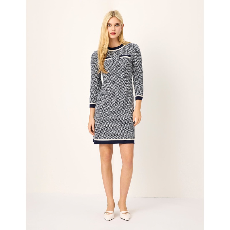 Blue & White Trimmed Wool Knit Midi Shift Dress