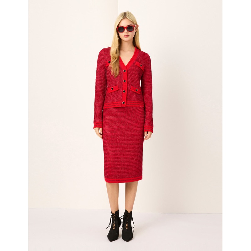 Bright Red Straight Knee-Length Knit Skirt