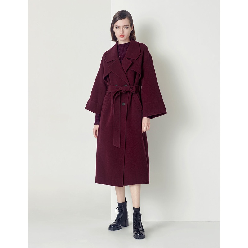 burgundy red double-sided woolen coat with lapel