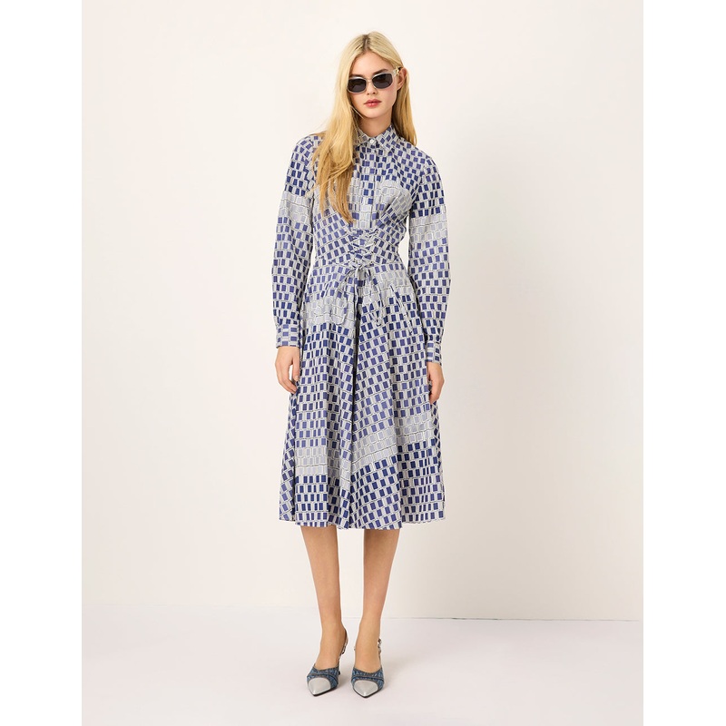 Check-patchwork Plaid Tie-Waist Pleated Midi Shirt Dress