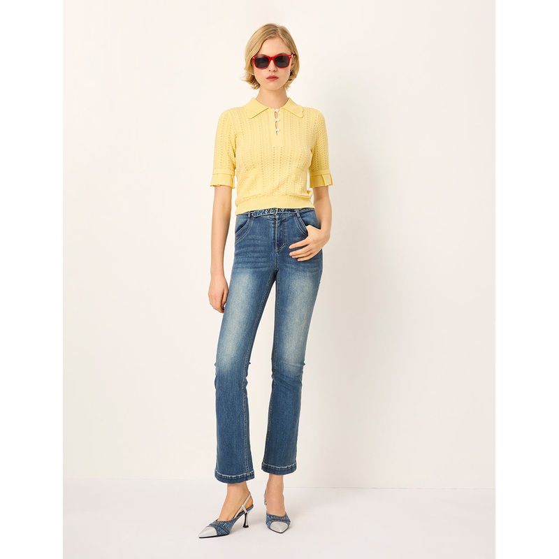 Collared Short-Sleeve Silk Rib Knit Sweater