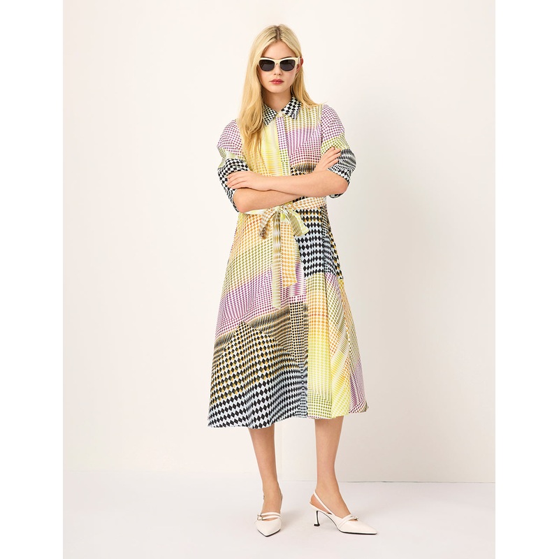 Color Block Rhombus Print Short Sleeve Midi Shirt Dress
