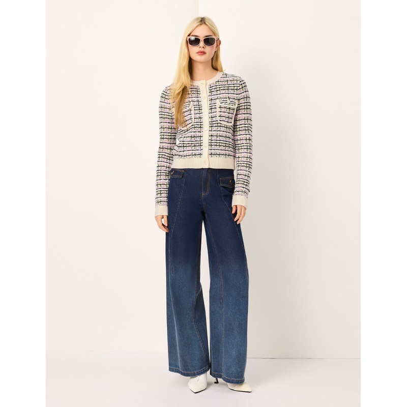 Colorful Checkered Round-Neck Long-Sleeve Cropped Knit Cardigan