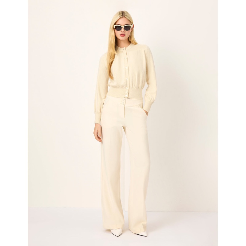 Cream Mandarin Collar Fitted Knit Cardigan