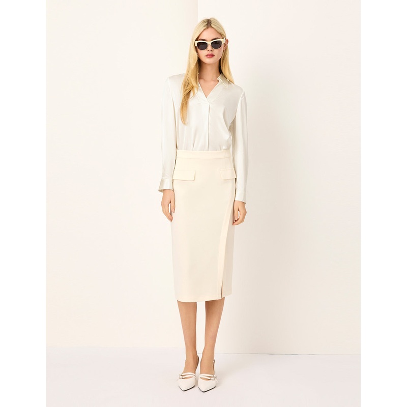 Cream V-Neck Silk Long-sleeve Blouse