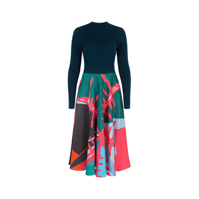 Crew Collar Knitted Patchwork Printed Pleated Midi Dress