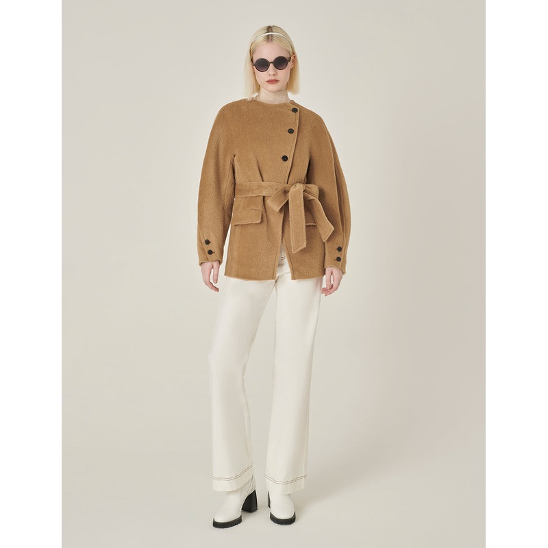 Crew-Neck Single Oblique Breasted Belted Long-Sleeve Cashmere Coat