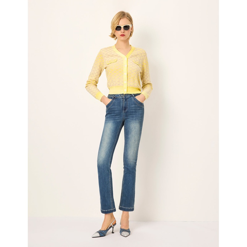 Gradient Yellow V-Neck Long Sleeve Knit Cardigan