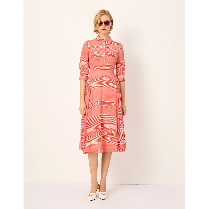 Half-Sleeve Striped-Print Pleated Midi Shirt Dress