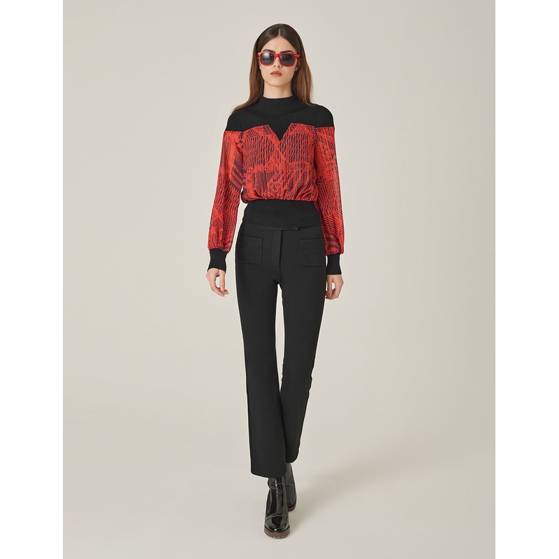 High Collar Knit Patchwork Print Blouse