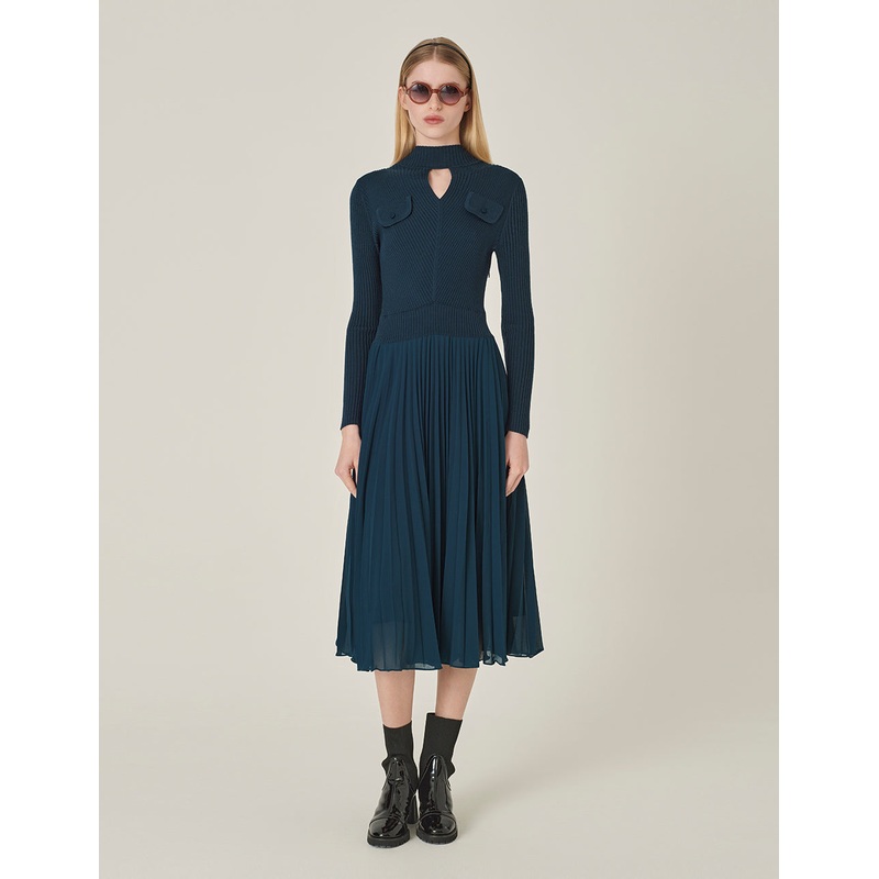 High Collar Long Sleeve Knitted Patchwork Pleated Midi Peacock Green Dress