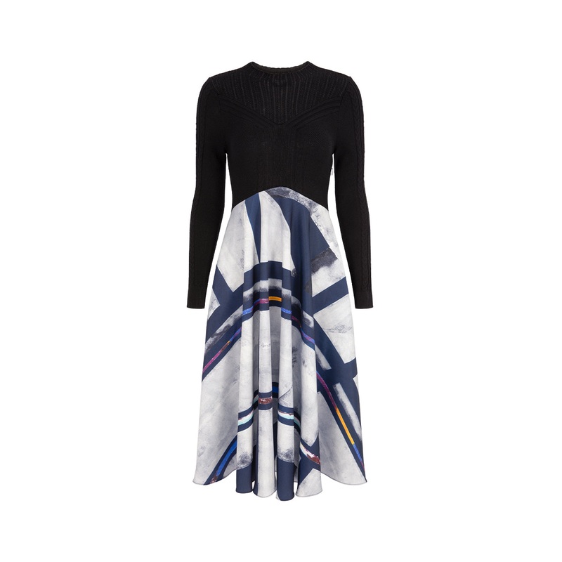 High Collar Long Sleeves Printed Knitted Paneled Pleated Midi Dress