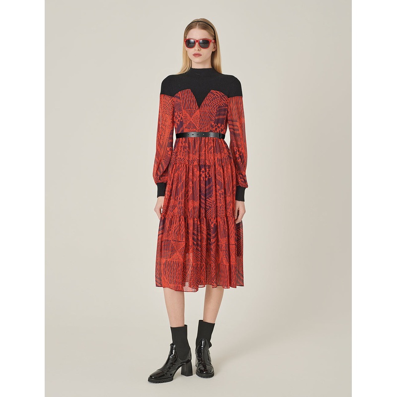 High Collar Patchwork Knit Print Pleated Midi Dress