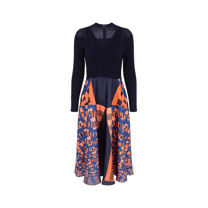 High Collar Sheer Knitted Patchwork Printed Pleated Midi Dress