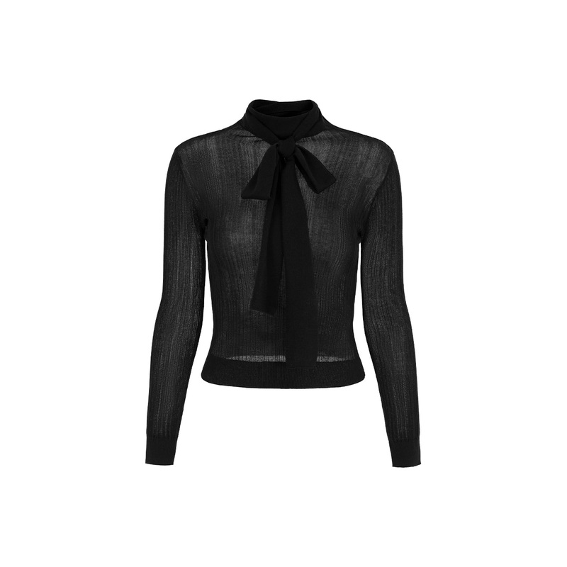 High-Collar Tie-Front Long-Sleeve Fitted Black Thin-Pullover