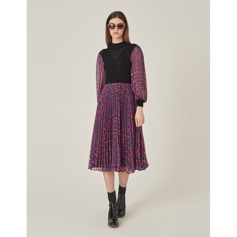 High-Neck Knitted Patchwork Printed Pleated Midi Dress