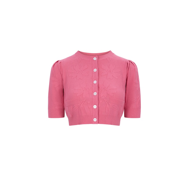 Honey Pink Round Neck Flowers Knitted Cardigan