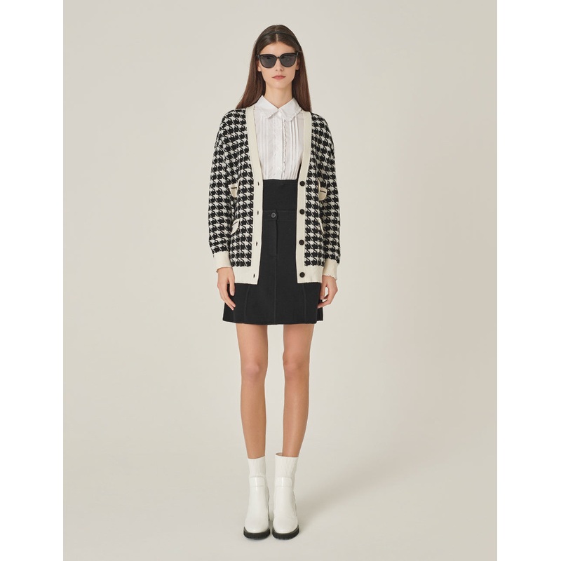 Houndstooth Multi-Pocket Long-Sleeved Knitted Cardigan
