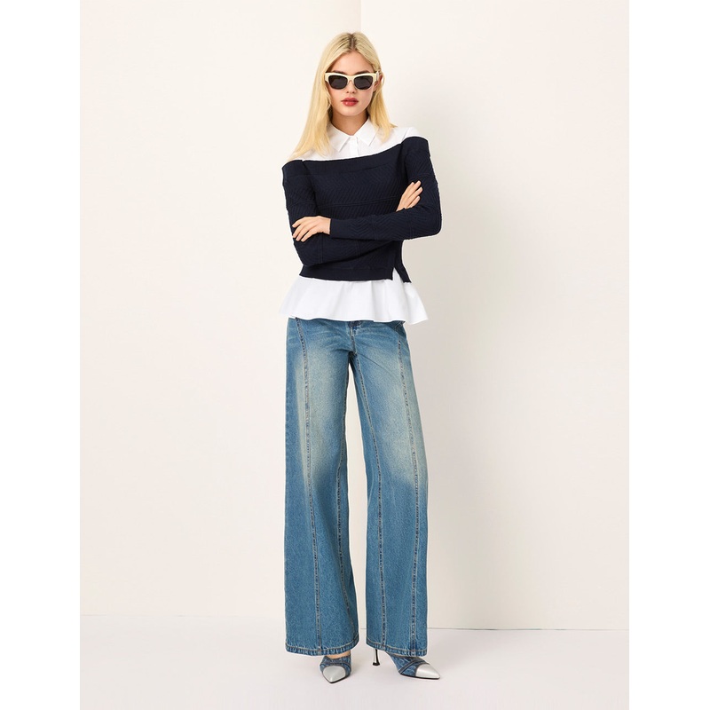 Knitted Patchwork Long-Sleeve Knit Blouse
