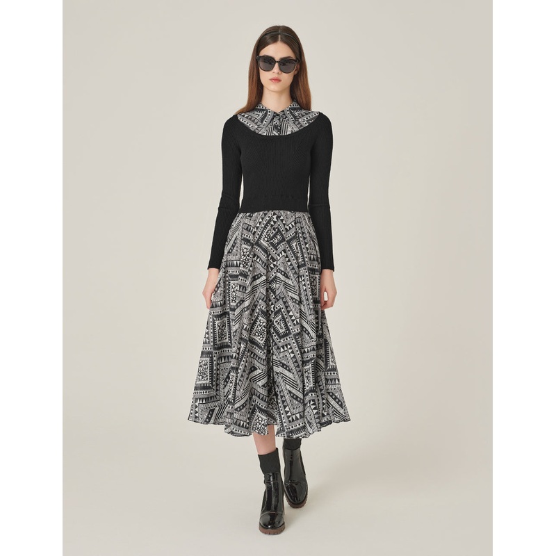 Knitted Patchwork Printed Long-Sleeved A-Line Midi Dress