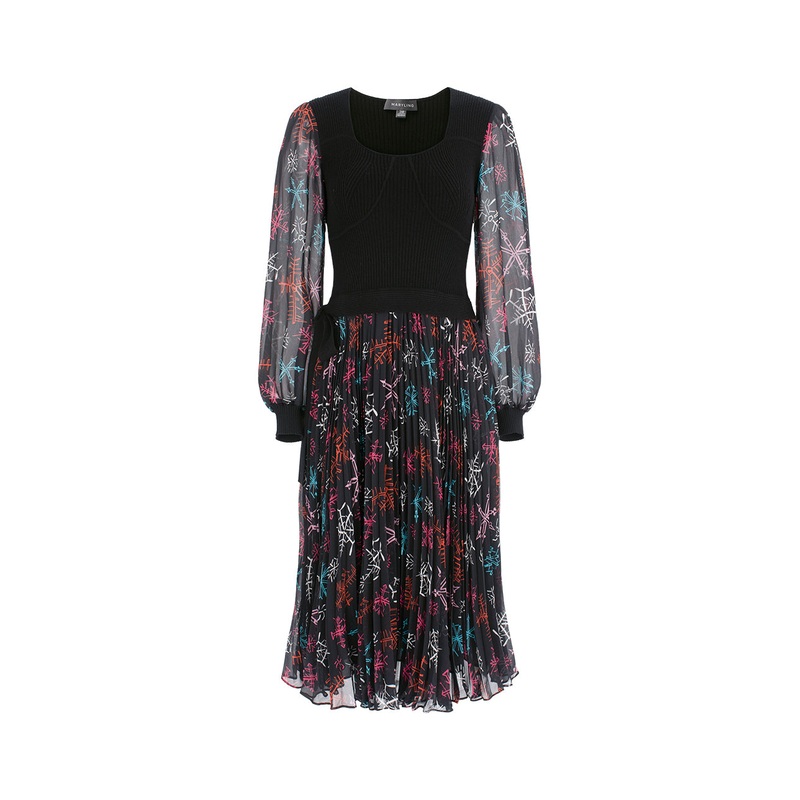 Knitted Patchwork Printed Long-Sleeved Pleated Midi Dress