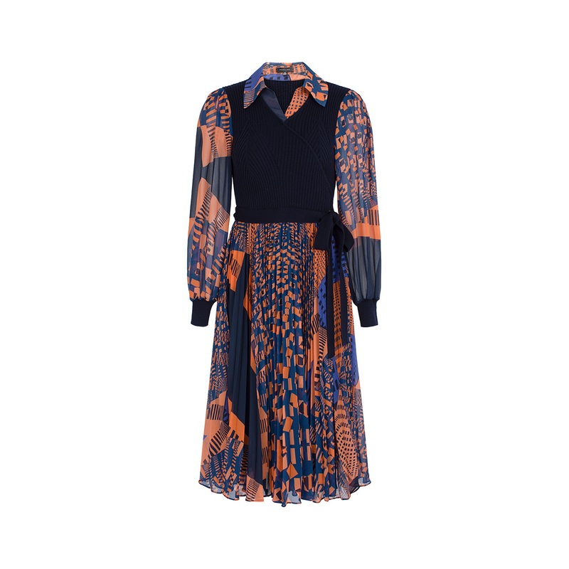 Knitted Splicing Printed Floral Plated Midi Shirt Dress