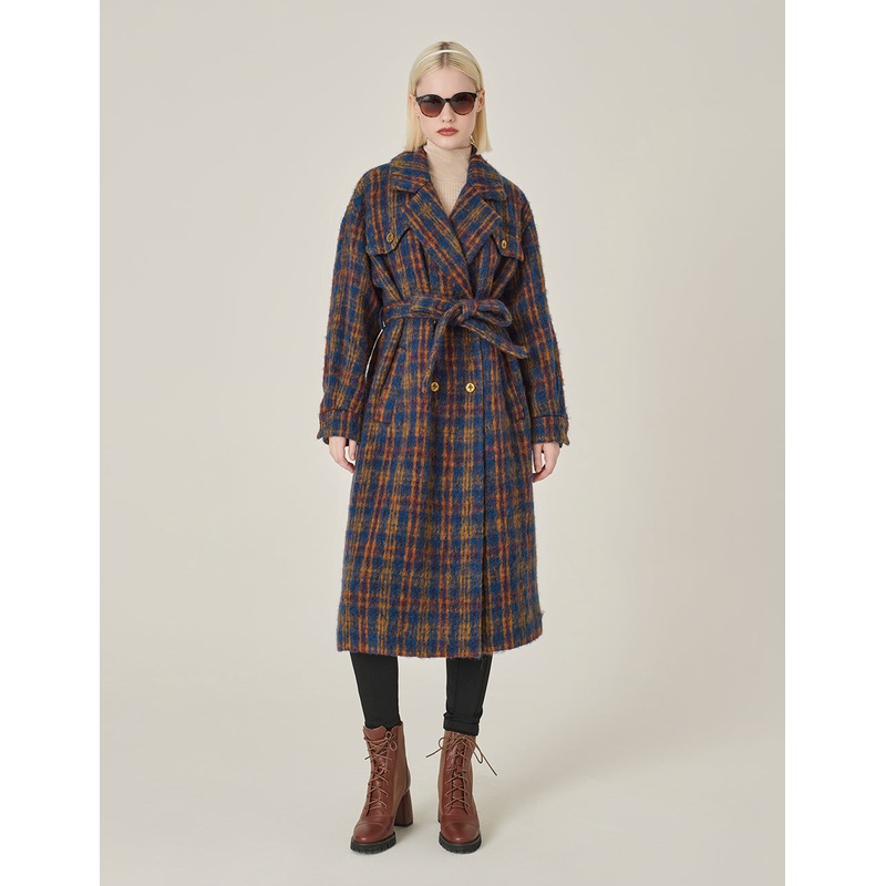 Lapel Double-Breasted Red & Blue Plaid H-Shaped Coat