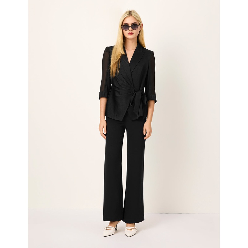 Lapel Tie-Tie 3/4 Sleeves Patchwork Wrap Blazer