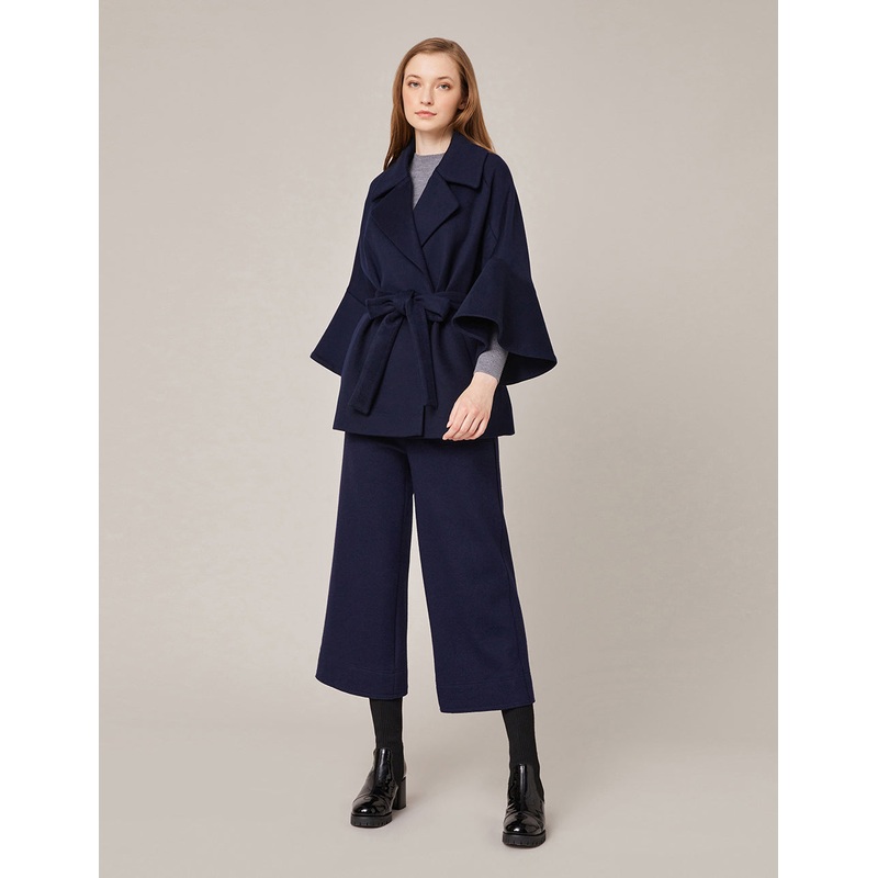 Lapel Wool Ruffle Sleeve Belted Jacket
