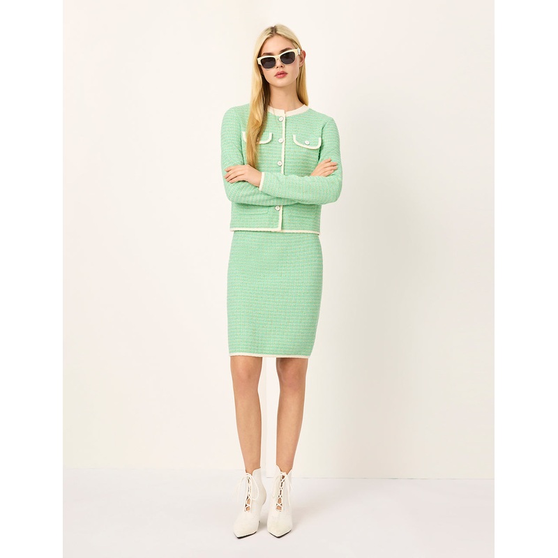 Light Green Tweed A-Line Knee-Length Skirt