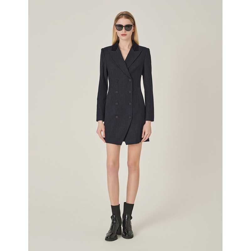 Navy Striped Double-Breasted Long Trench Blazer