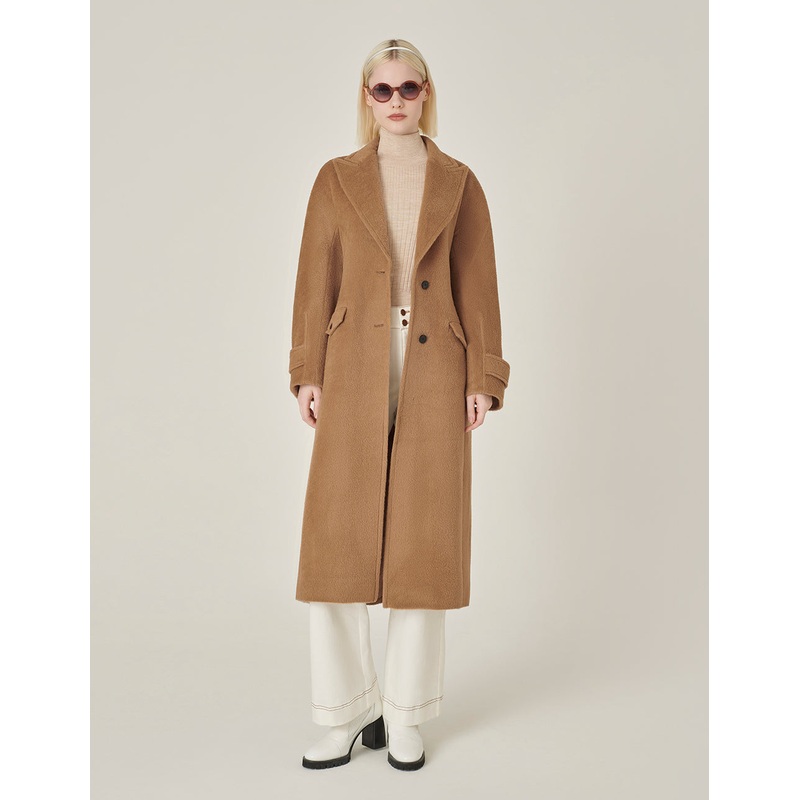 Notched Lapel Single-Breasted Belted Camel-Colored Cashmere Overcoat