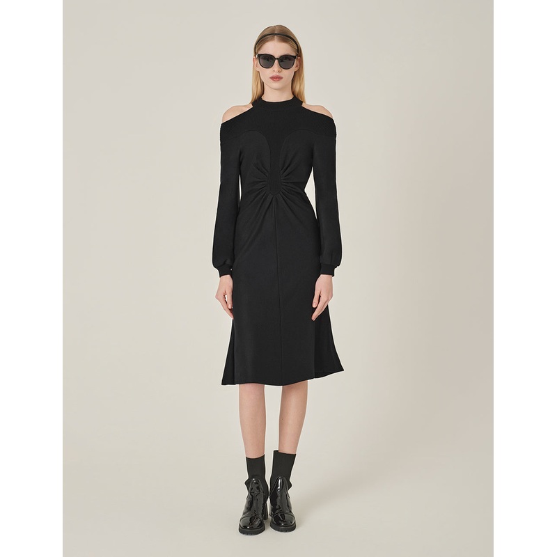 Off-Shoulder Long Sleeve Patchwork Knit Wool Pleated Midi Dress