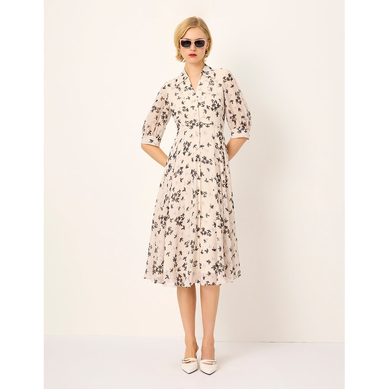Palm Tree Print Short Sleeve Pleated Midi Dress