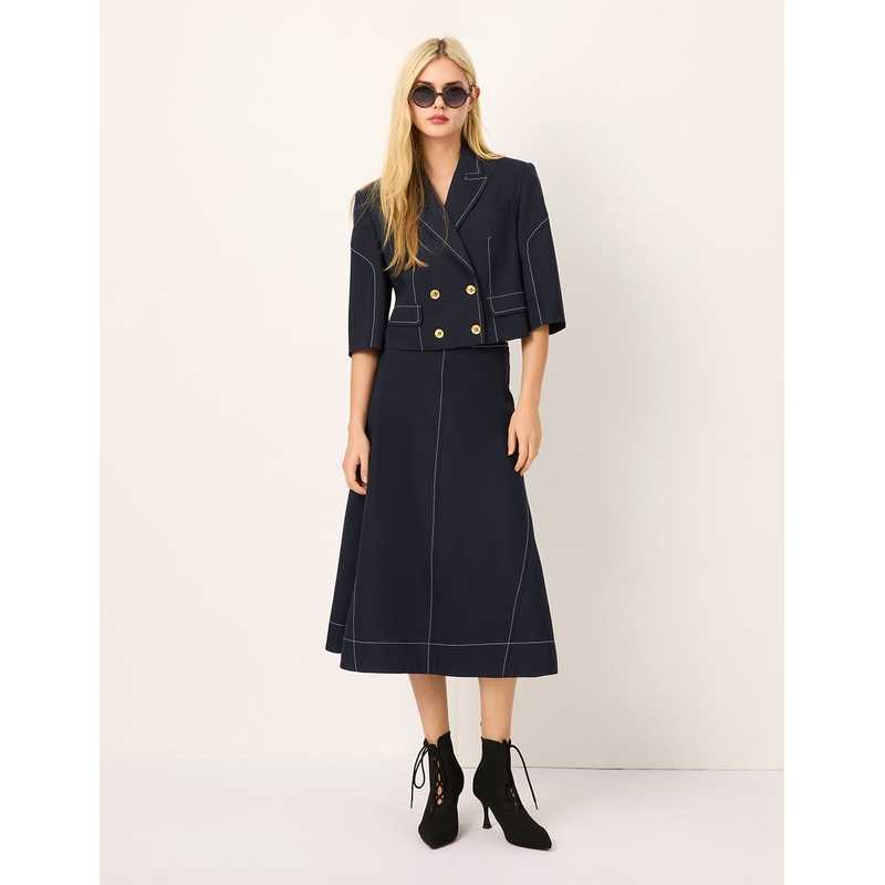 Peaked Lapel Double-Breasted White Trim 3/4 Sleeve Jacket