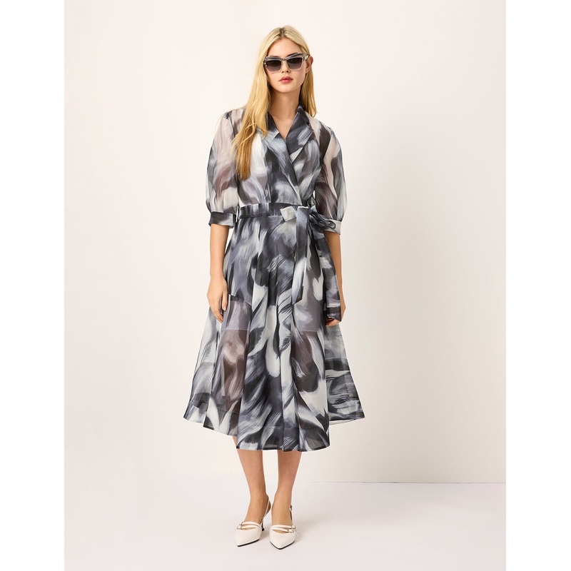 Peaked Lapel Short-Sleeve Empire-Waist Artistic Print Midi Wrap Dress