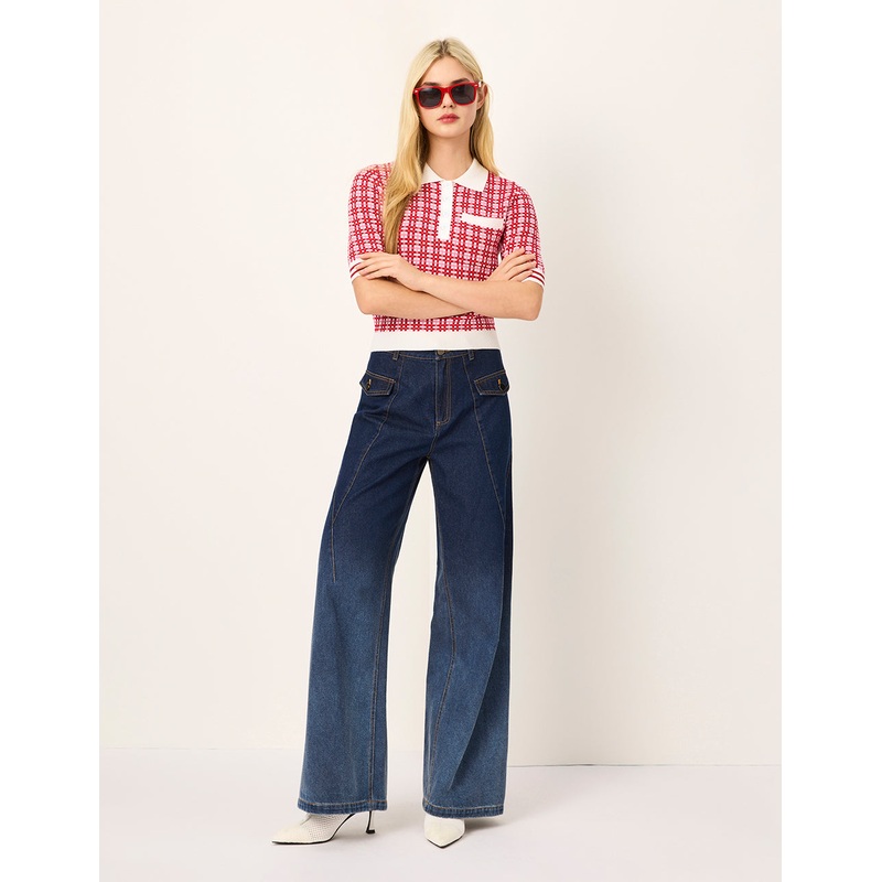 Peter Pan Collar Red & White Checkered Short-Sleeves Sweater