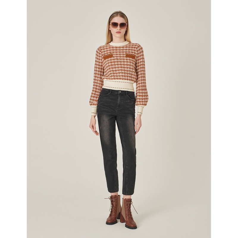 Plaid Round Neck Long-Sleeved Cropped Knit Sweater