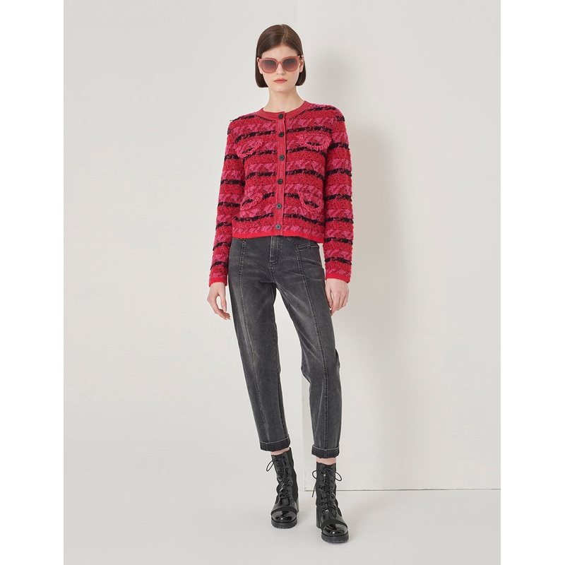 Raspberry Plaid Knitted Cardigan