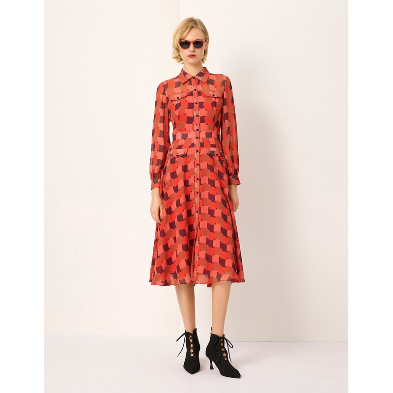 Red Houndstooth Print Midi Shirt Dress