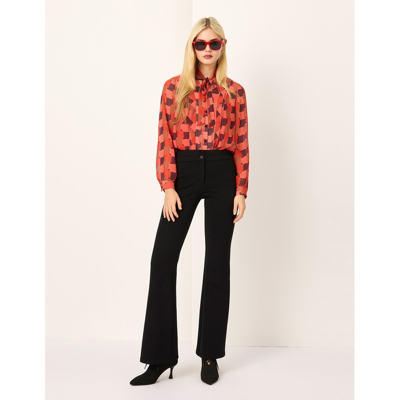 Red Houndstooth V-Neck Tie-Front Blouse