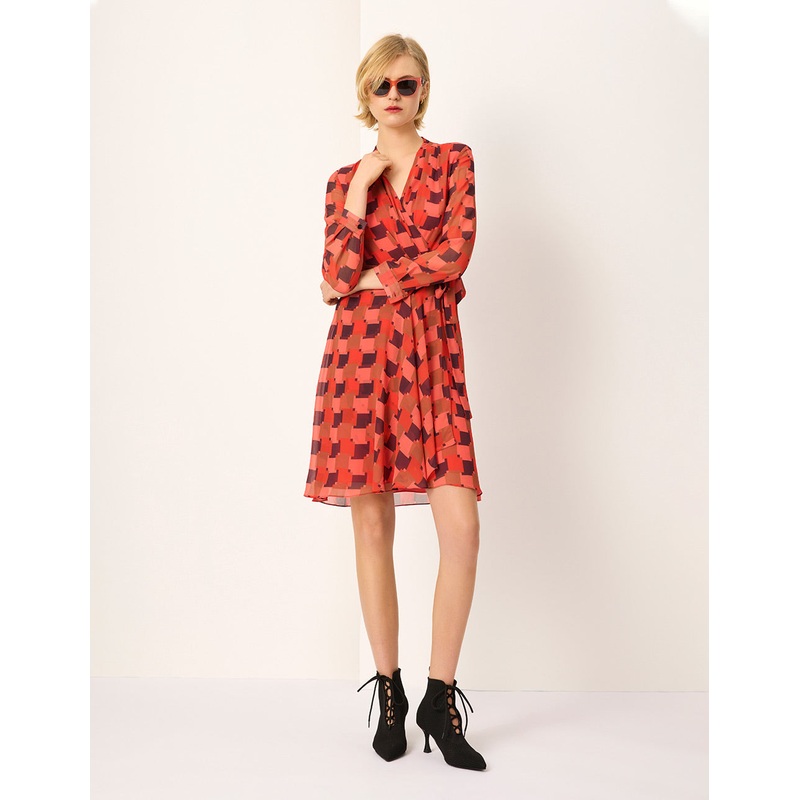 Red Houndstooth Wrap Printed Midi Dress