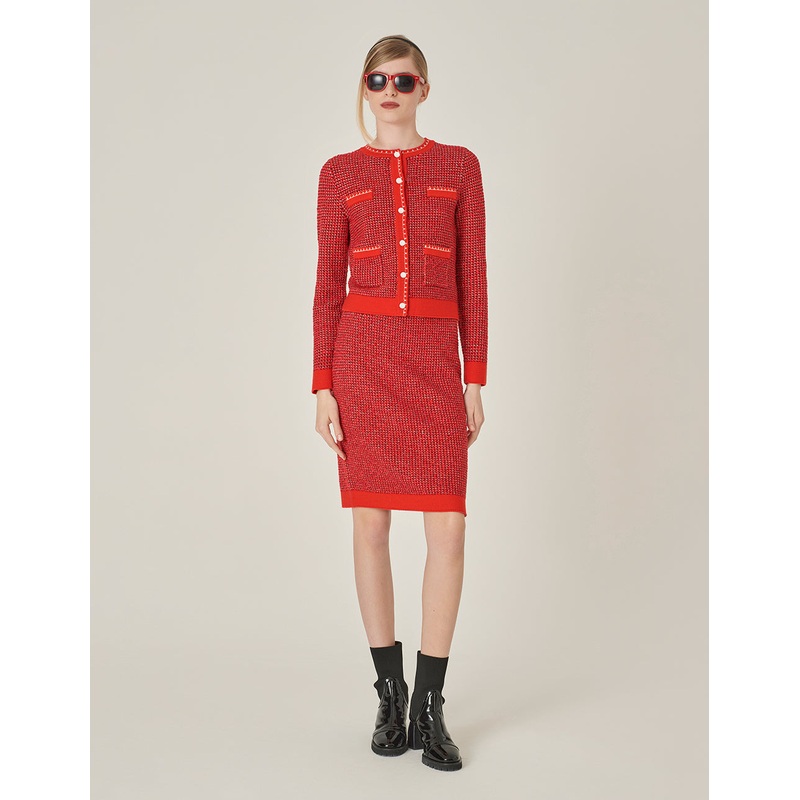 Red Straight Fit Knit Midi Pencil Skirt