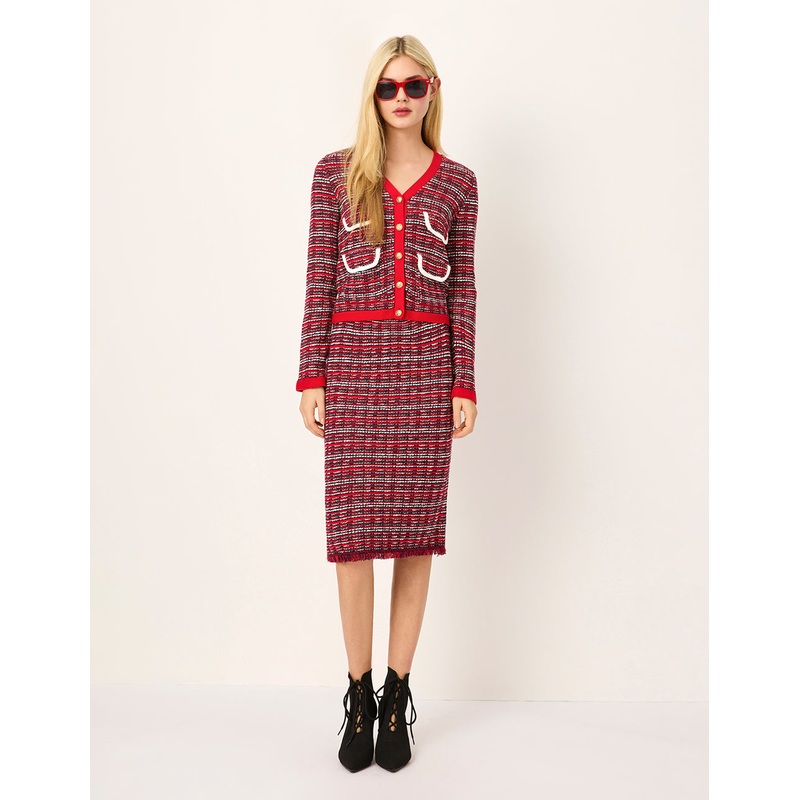 Red & White Checkered Tweed Knee-Length Knit Straight Skirt