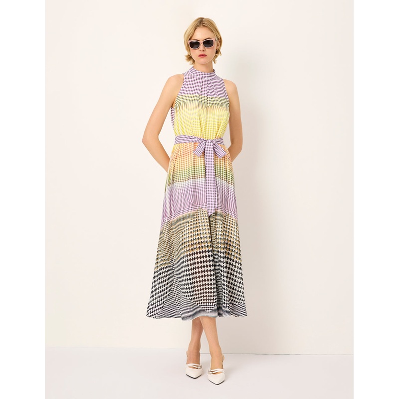 Rhombus Print Sleeveless Empired Midi Silk Dress