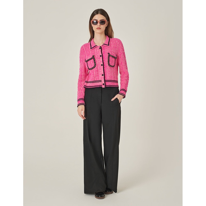 Rose Pink Small Lapel Straight Knitted Cardigan