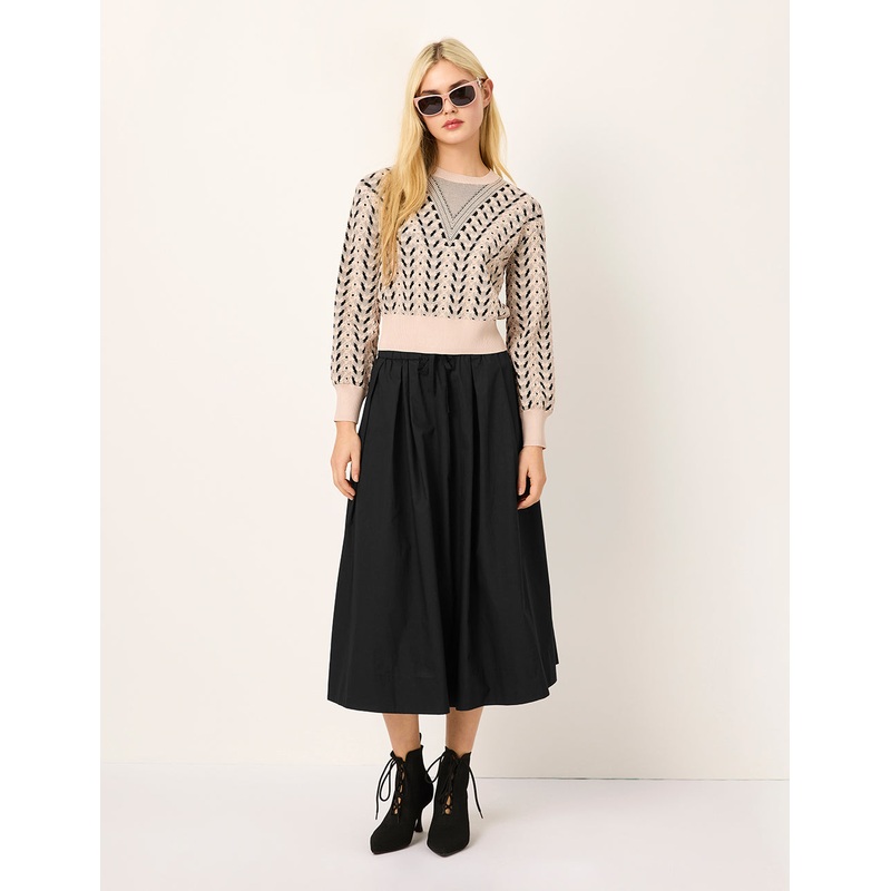 Round Neck Bubble Sleeve Printed Cropped Knit Sweater