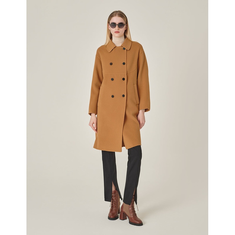 Round-Neck Double-Breasted H-Shaped Camel-Colored Cashmere Coat