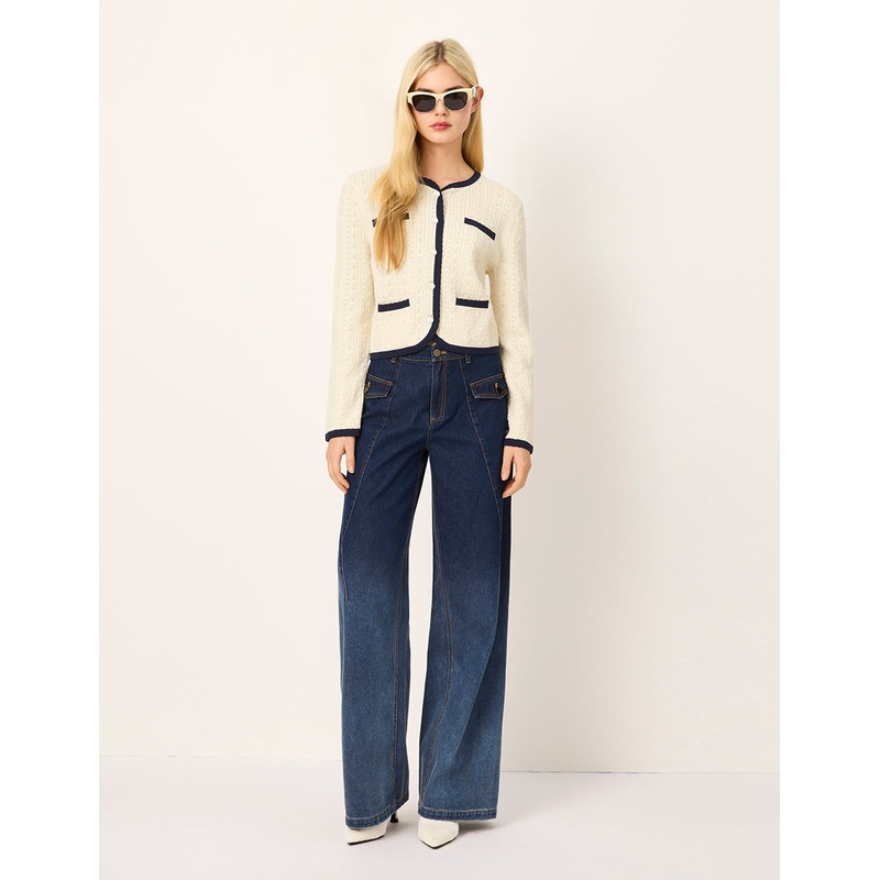 Round-Neck Long-Sleeve Black Stripe Trim knitted cardigan